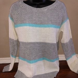 Grey, blue, and white striped sweater